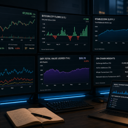 crypto on-chain trends dashboard showing ETF flows stablecoin supply DeFi TVL and Layer-2 activity analysis