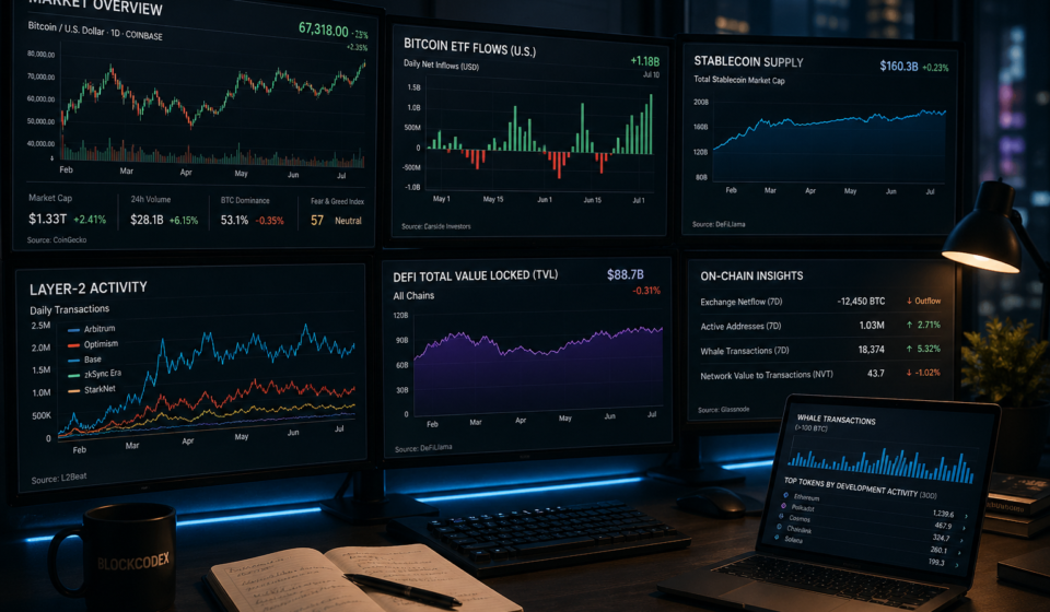 crypto on-chain trends dashboard showing ETF flows stablecoin supply DeFi TVL and Layer-2 activity analysis