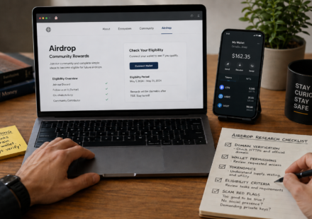 legit crypto airdrops research workflow showing official airdrop page, separate airdrop wallet, domain verification, wallet permissions checklist and scam red flags