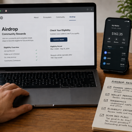 legit crypto airdrops research workflow showing official airdrop page, separate airdrop wallet, domain verification, wallet permissions checklist and scam red flags