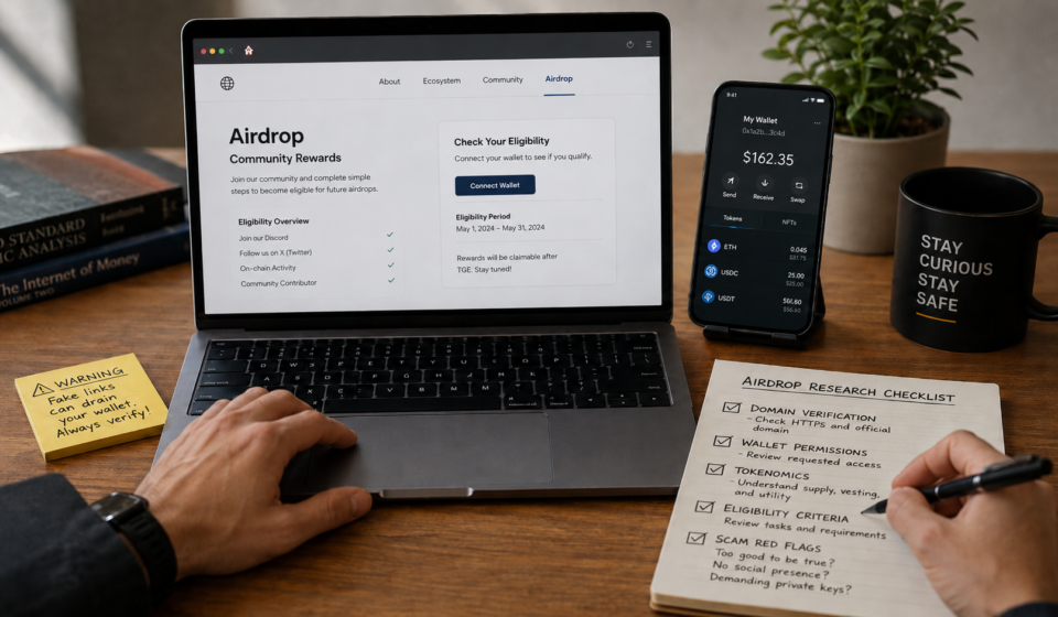 legit crypto airdrops research workflow showing official airdrop page, separate airdrop wallet, domain verification, wallet permissions checklist and scam red flags