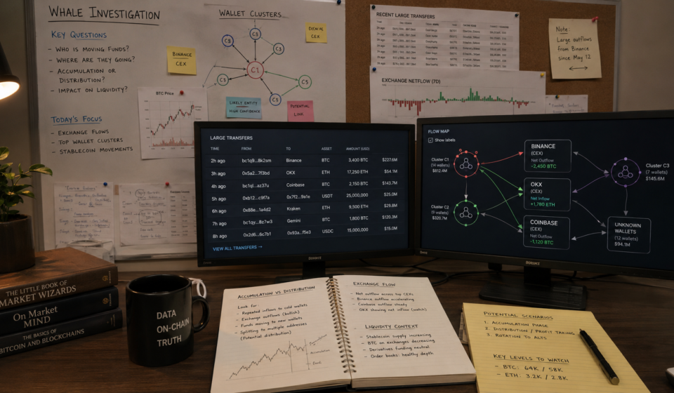 analyze whale activity using on-chain data showing large wallet transfers, exchange inflows, wallet clusters, accumulation distribution patterns and liquidity context