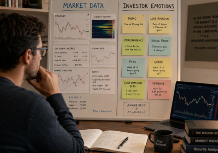 crypto investor psychology analysis showing market data, investor emotions, FOMO, loss aversion, overconfidence, social proof and behavioral risk signals