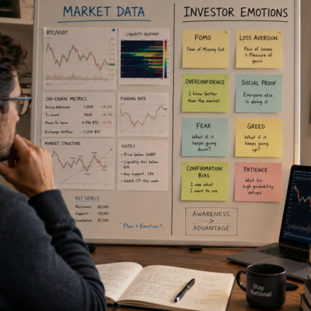 crypto investor psychology analysis showing market data, investor emotions, FOMO, loss aversion, overconfidence, social proof and behavioral risk signals