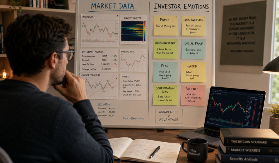 crypto investor psychology analysis showing market data, investor emotions, FOMO, loss aversion, overconfidence, social proof and behavioral risk signals