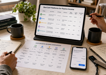 best DeFi platforms for passive income comparison showing lending, staking, stablecoin yield, liquidity pools, yield aggregators, APY sources and DeFi risk factors