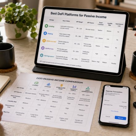 best DeFi platforms for passive income comparison showing lending, staking, stablecoin yield, liquidity pools, yield aggregators, APY sources and DeFi risk factors