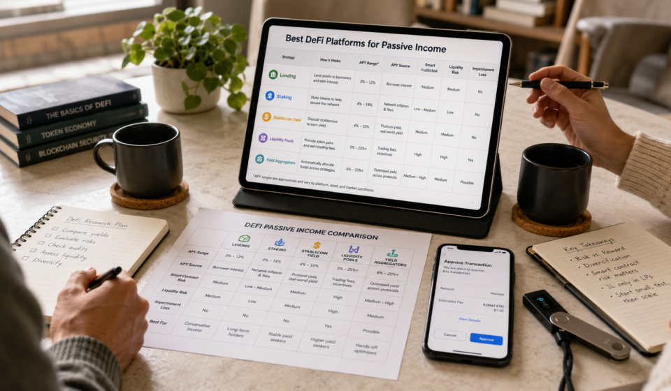 best DeFi platforms for passive income comparison showing lending, staking, stablecoin yield, liquidity pools, yield aggregators, APY sources and DeFi risk factors