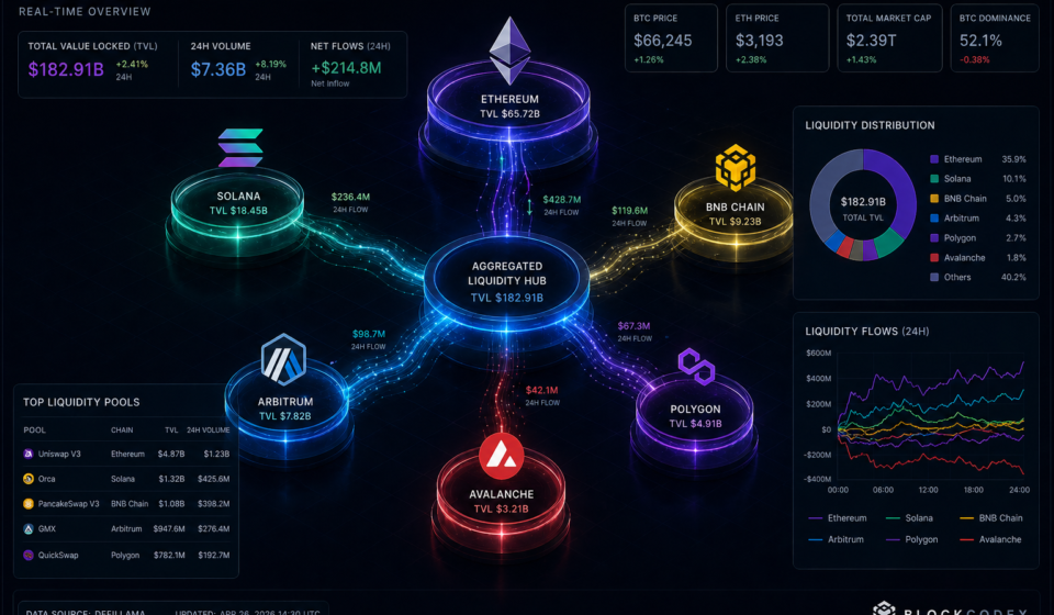 Liquidity in Crypto markets: dashboard showing cross-chain capital flows, TVL, volume and liquidity distribution across Ethereum, Solana and DeFi ecosystems