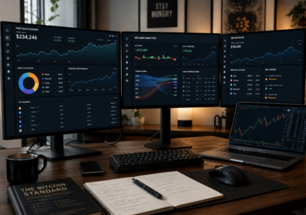 best crypto portfolio tracking setups showing multi-screen dashboard with on-chain analytics, portfolio allocation, DeFi positions and capital flows across blockchain ecosystems