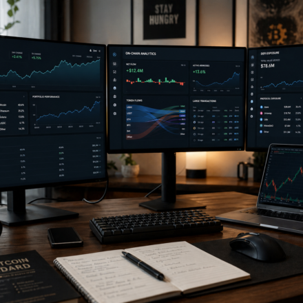 best crypto portfolio tracking setups showing multi-screen dashboard with on-chain analytics, portfolio allocation, DeFi positions and capital flows across blockchain ecosystems