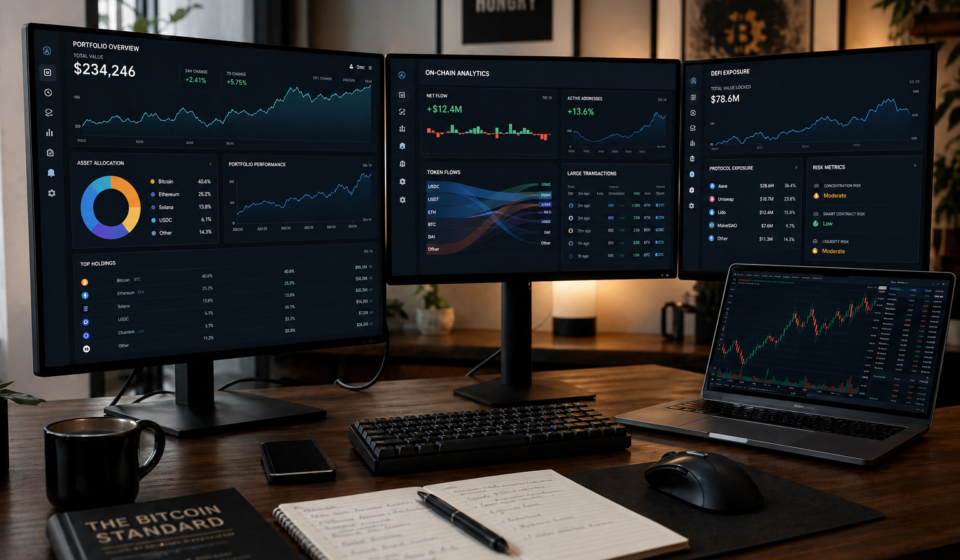 best crypto portfolio tracking setups showing multi-screen dashboard with on-chain analytics, portfolio allocation, DeFi positions and capital flows across blockchain ecosystems