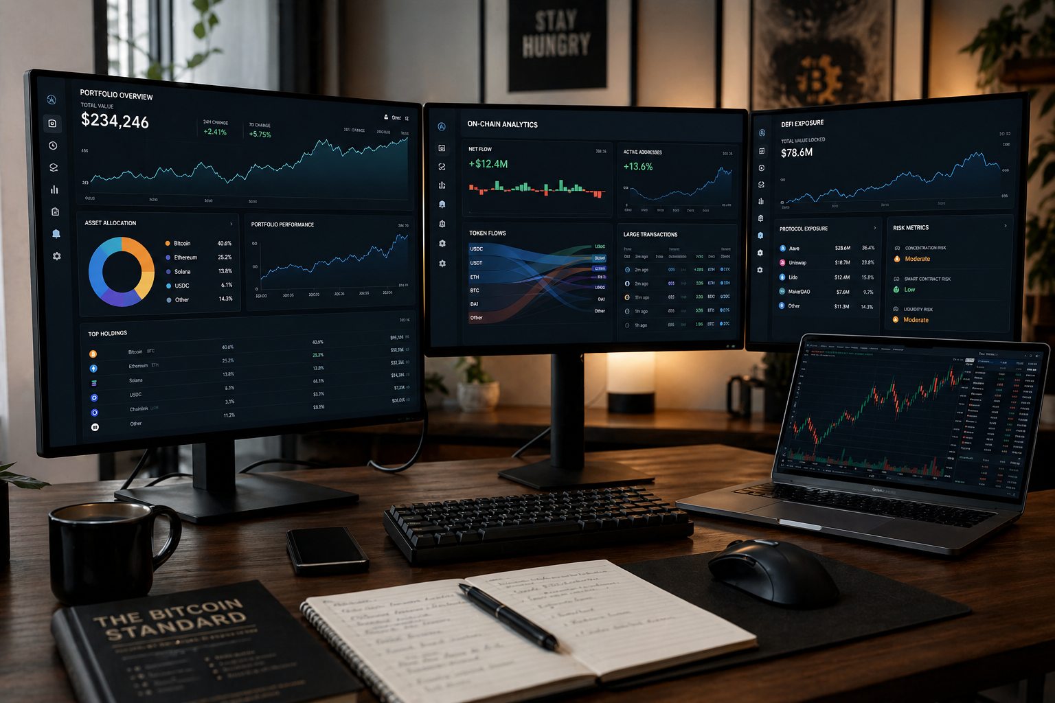 best crypto portfolio tracking setups showing multi-screen dashboard with on-chain analytics, portfolio allocation, DeFi positions and capital flows across blockchain ecosystems