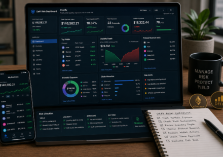 DeFi risk tools dashboard showing yield tracking, liquidity depth, wallet exposure, protocol revenue, portfolio monitoring, risk alerts, and exit risk checklist