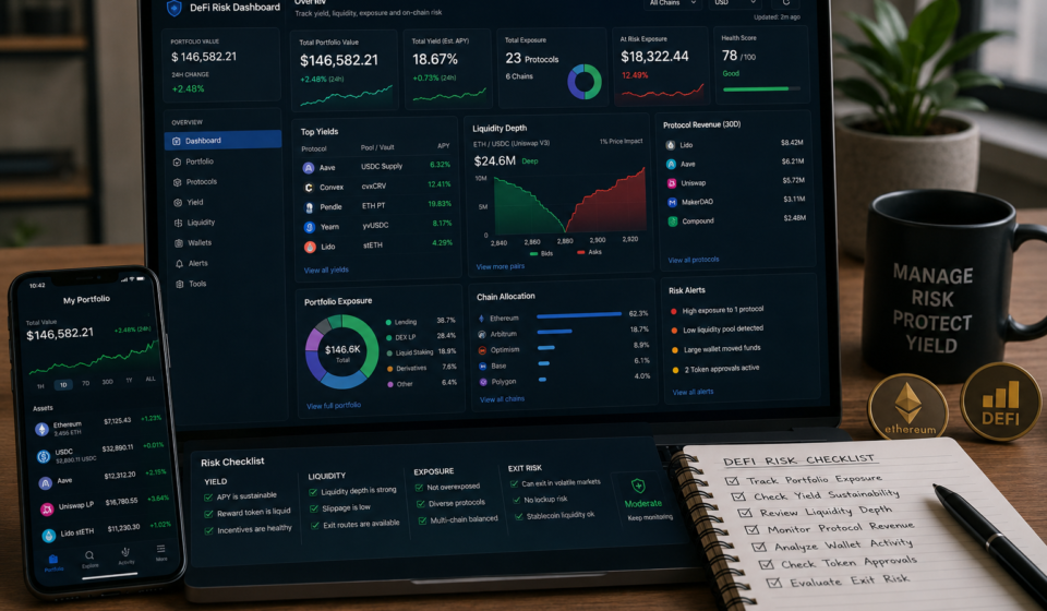 DeFi risk tools dashboard showing yield tracking, liquidity depth, wallet exposure, protocol revenue, portfolio monitoring, risk alerts, and exit risk checklist