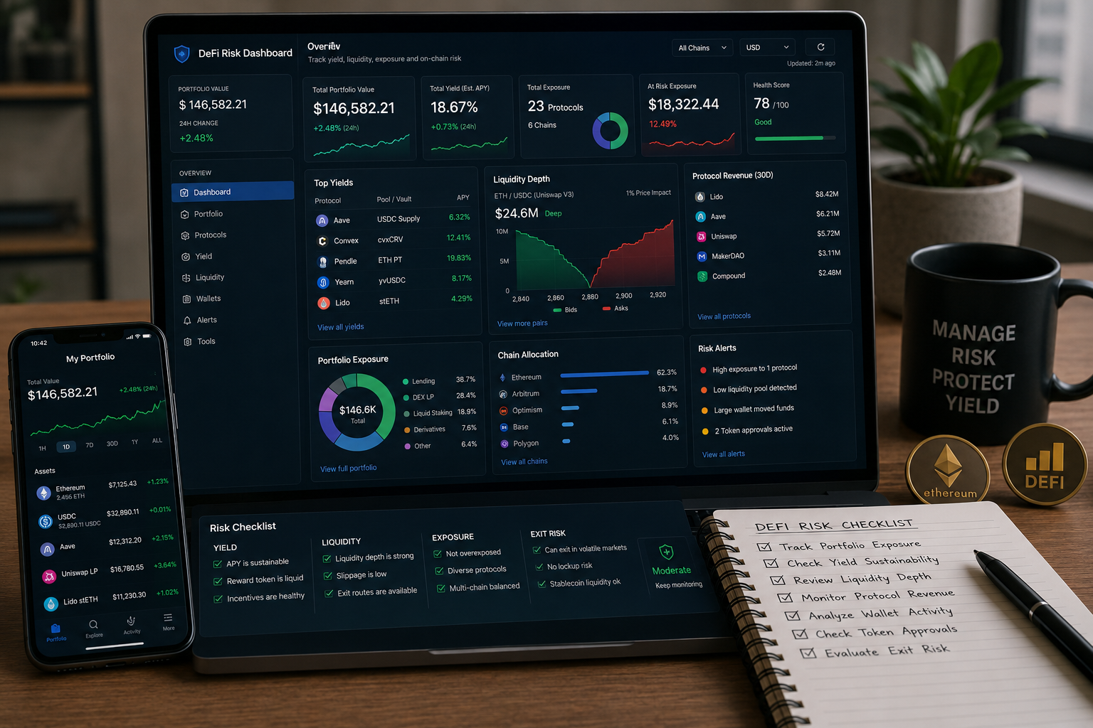 DeFi risk tools dashboard showing yield tracking, liquidity depth, wallet exposure, protocol revenue, portfolio monitoring, risk alerts, and exit risk checklist