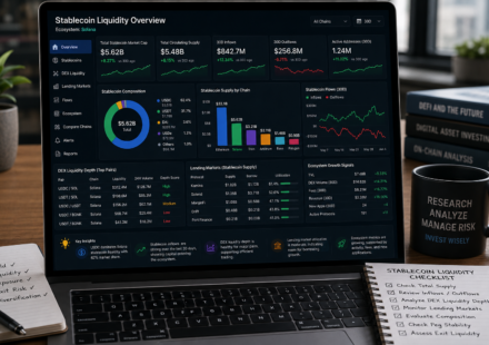 stablecoin liquidity crypto ecosystem dashboard showing stablecoin supply, USDC and USDT composition, inflows, outflows, DEX liquidity depth, lending markets, ecosystem growth signals, and exit liquidity checklist