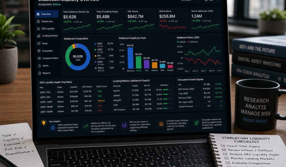 stablecoin liquidity crypto ecosystem dashboard showing stablecoin supply, USDC and USDT composition, inflows, outflows, DEX liquidity depth, lending markets, ecosystem growth signals, and exit liquidity checklist
