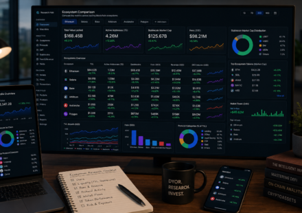 crypto research tools ecosystems dashboard comparing blockchain networks by TVL, users, stablecoins, fees, wallet flows, and portfolio exposure