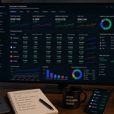 crypto research tools ecosystems dashboard comparing blockchain networks by TVL, users, stablecoins, fees, wallet flows, and portfolio exposure