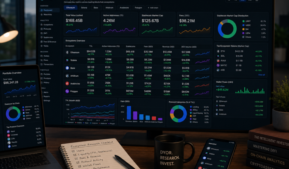 crypto research tools ecosystems dashboard comparing blockchain networks by TVL, users, stablecoins, fees, wallet flows, and portfolio exposure