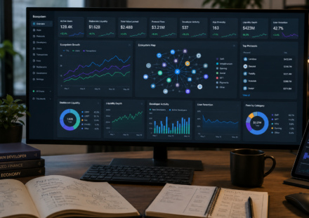 blockchain ecosystem growing dashboard showing active users, stablecoin liquidity, TVL, protocol fees, developer activity, app diversity, liquidity depth, and user retention signals