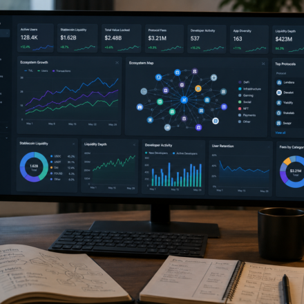 blockchain ecosystem growing dashboard showing active users, stablecoin liquidity, TVL, protocol fees, developer activity, app diversity, liquidity depth, and user retention signals
