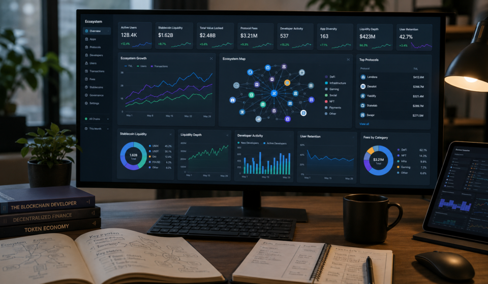 blockchain ecosystem growing dashboard showing active users, stablecoin liquidity, TVL, protocol fees, developer activity, app diversity, liquidity depth, and user retention signals