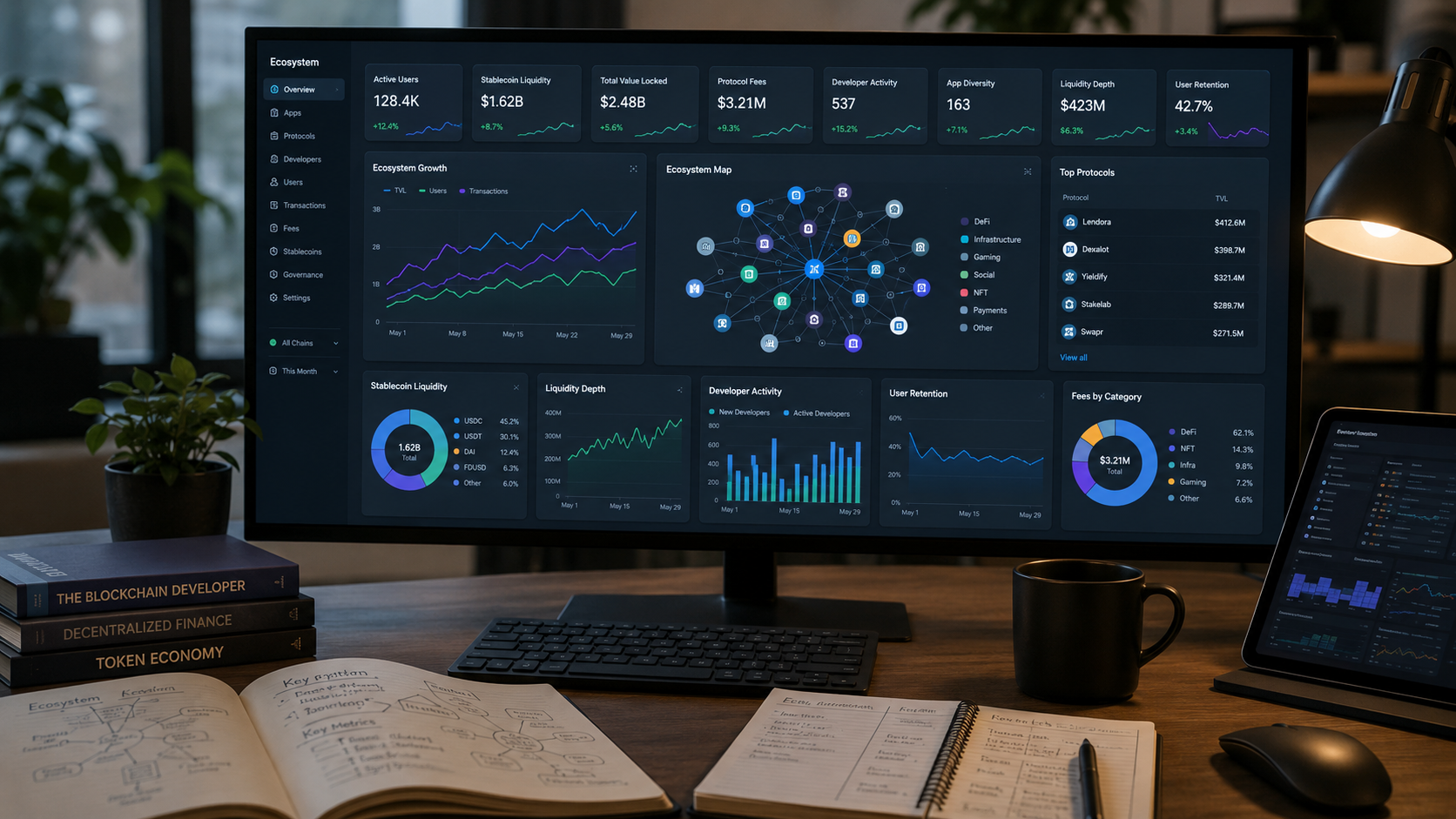 blockchain ecosystem growing dashboard showing active users, stablecoin liquidity, TVL, protocol fees, developer activity, app diversity, liquidity depth, and user retention signals