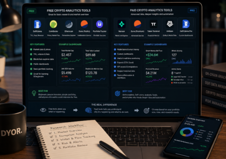 free vs paid crypto analytics tools comparison showing free market data, TVL, blockchain explorer data, portfolio tracking, paid wallet intelligence, alerts, exports, APIs, and custom dashboards