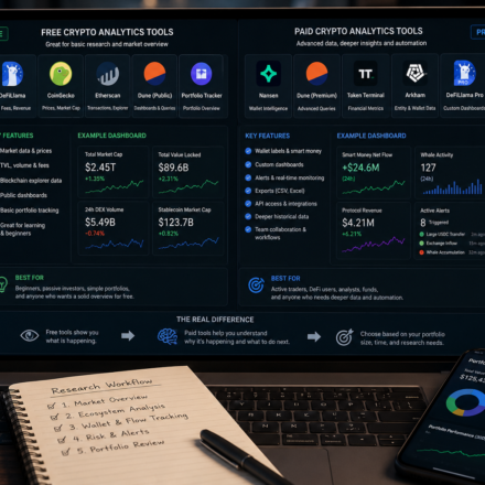 free vs paid crypto analytics tools comparison showing free market data, TVL, blockchain explorer data, portfolio tracking, paid wallet intelligence, alerts, exports, APIs, and custom dashboards
