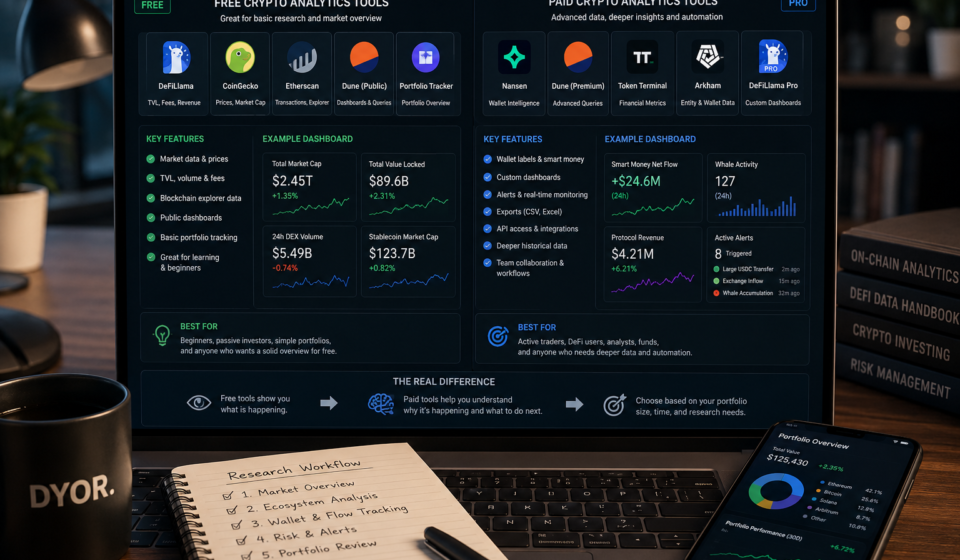 free vs paid crypto analytics tools comparison showing free market data, TVL, blockchain explorer data, portfolio tracking, paid wallet intelligence, alerts, exports, APIs, and custom dashboards
