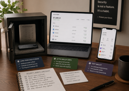 best crypto security stack showing hardware wallet cold storage, wallet separation, seed phrase backup, active DeFi wallet, test wallet and token approval review