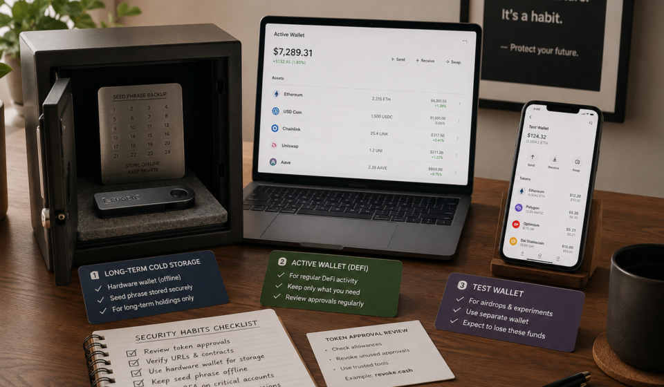 best crypto security stack showing hardware wallet cold storage, wallet separation, seed phrase backup, active DeFi wallet, test wallet and token approval review