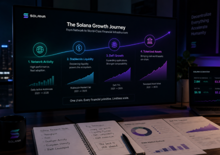 Solana growth analysis showing network activity, stablecoin liquidity, DeFi expansion and tokenized asset adoption in a crypto research workspace