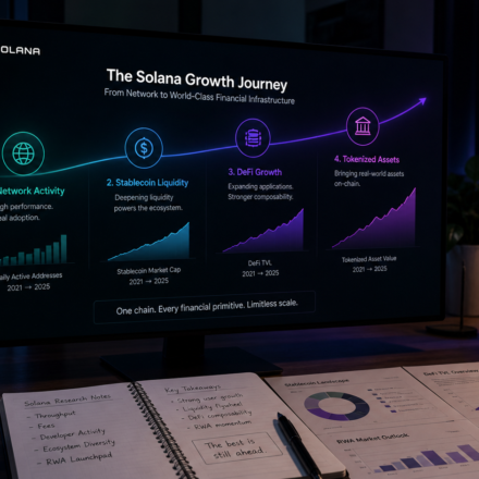 Solana growth analysis showing network activity, stablecoin liquidity, DeFi expansion and tokenized asset adoption in a crypto research workspace