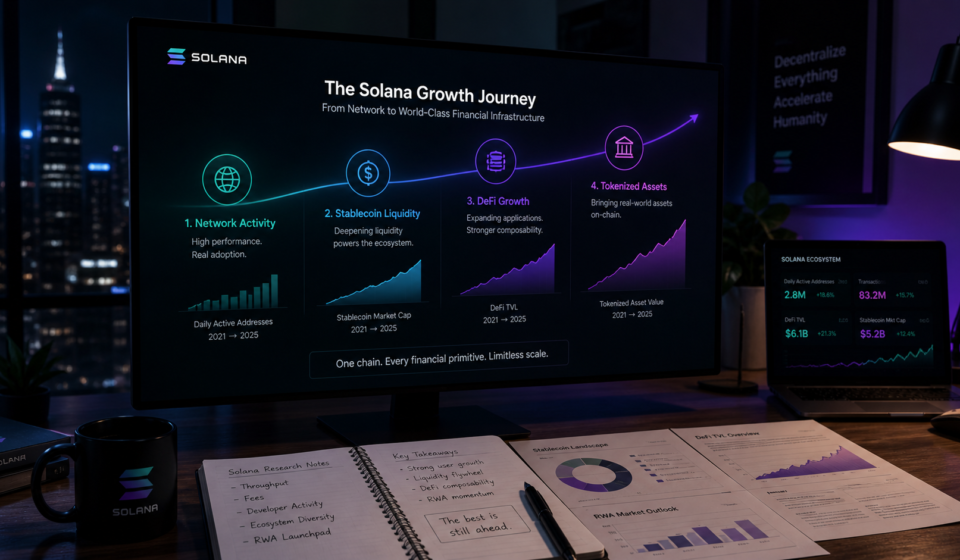 Solana growth analysis showing network activity, stablecoin liquidity, DeFi expansion and tokenized asset adoption in a crypto research workspace