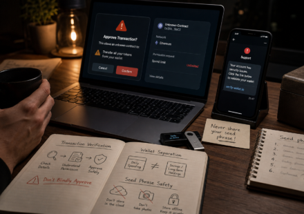 crypto security failures analysis showing phishing warning, wallet approval risk, seed phrase protection and hardware wallet verification
