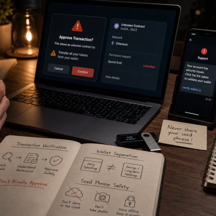 crypto security failures analysis showing phishing warning, wallet approval risk, seed phrase protection and hardware wallet verification