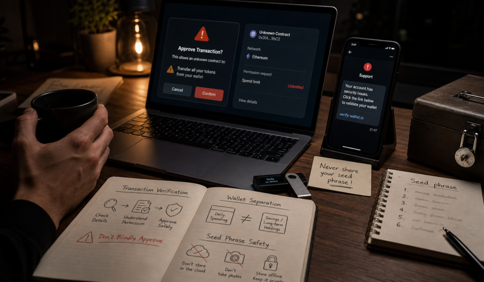 crypto security failures analysis showing phishing warning, wallet approval risk, seed phrase protection and hardware wallet verification