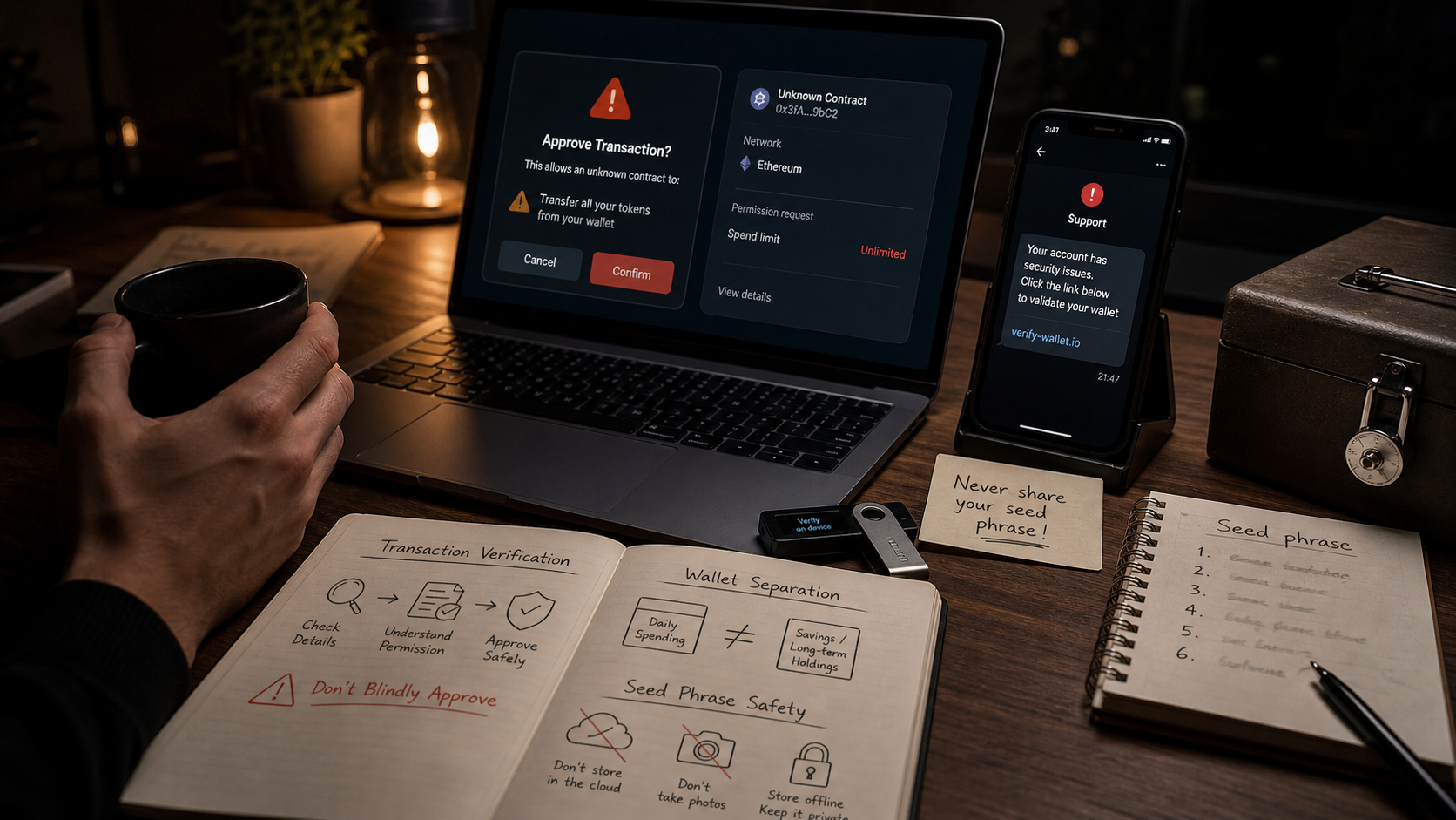 crypto security failures analysis showing phishing warning, wallet approval risk, seed phrase protection and hardware wallet verification