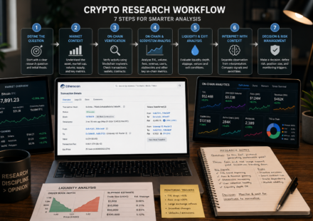 crypto research workflow showing market context, blockchain explorer verification, on-chain analytics, liquidity analysis, interpretation, portfolio risk review, monitoring triggers, and final investment decision