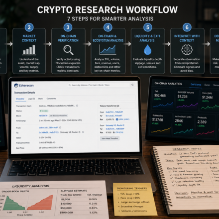 crypto research workflow showing market context, blockchain explorer verification, on-chain analytics, liquidity analysis, interpretation, portfolio risk review, monitoring triggers, and final investment decision