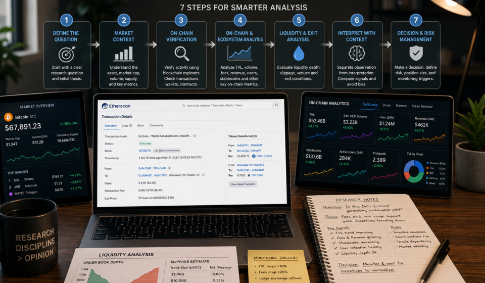 crypto research workflow showing market context, blockchain explorer verification, on-chain analytics, liquidity analysis, interpretation, portfolio risk review, monitoring triggers, and final investment decision