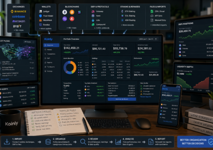 Koinly portfolio tracking dashboard showing multiple exchanges, wallets, blockchains, DeFi positions, staking rewards, transaction history, portfolio performance, cost basis, gains, warnings, and organized crypto tax data.