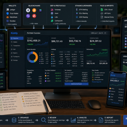 Koinly portfolio tracking dashboard showing multiple exchanges, wallets, blockchains, DeFi positions, staking rewards, transaction history, portfolio performance, cost basis, gains, warnings, and organized crypto tax data.