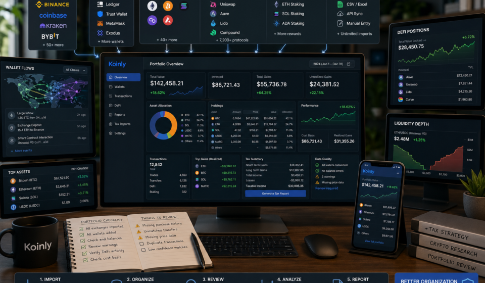 Koinly portfolio tracking dashboard showing multiple exchanges, wallets, blockchains, DeFi positions, staking rewards, transaction history, portfolio performance, cost basis, gains, warnings, and organized crypto tax data.