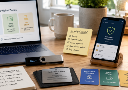 best ways to secure crypto showing wallet separation, hardware wallet storage, offline backup card and crypto security checklist
