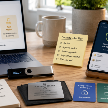 best ways to secure crypto showing wallet separation, hardware wallet storage, offline backup card and crypto security checklist