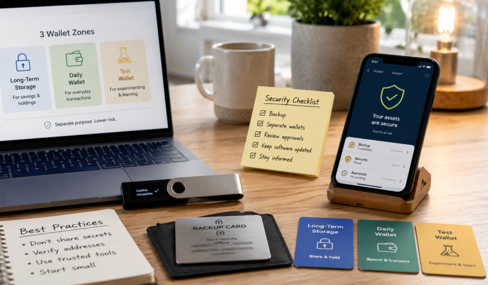 best ways to secure crypto showing wallet separation, hardware wallet storage, offline backup card and crypto security checklist